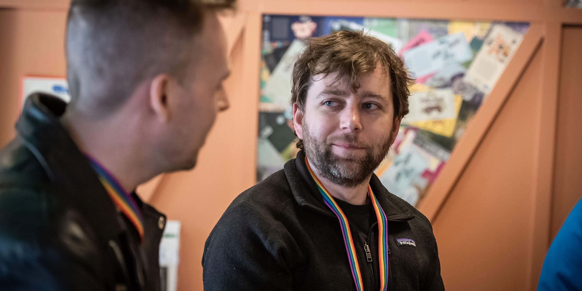 Milwaukee Film Technical Director Kevin Rice chatting with a festival. guest inside the theatre. Photo by Valerie Hill