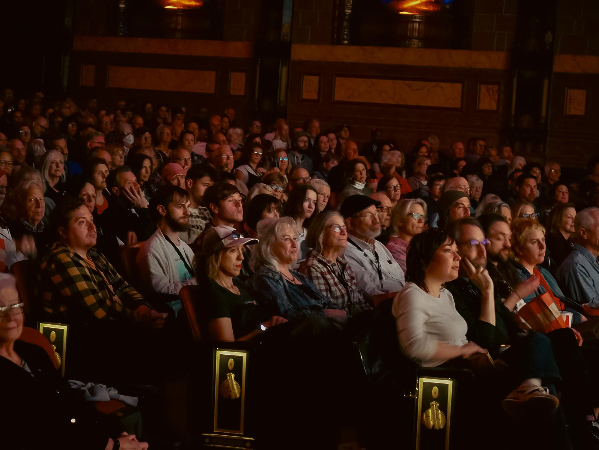 A full audience faces the screen in the Abele cinema
