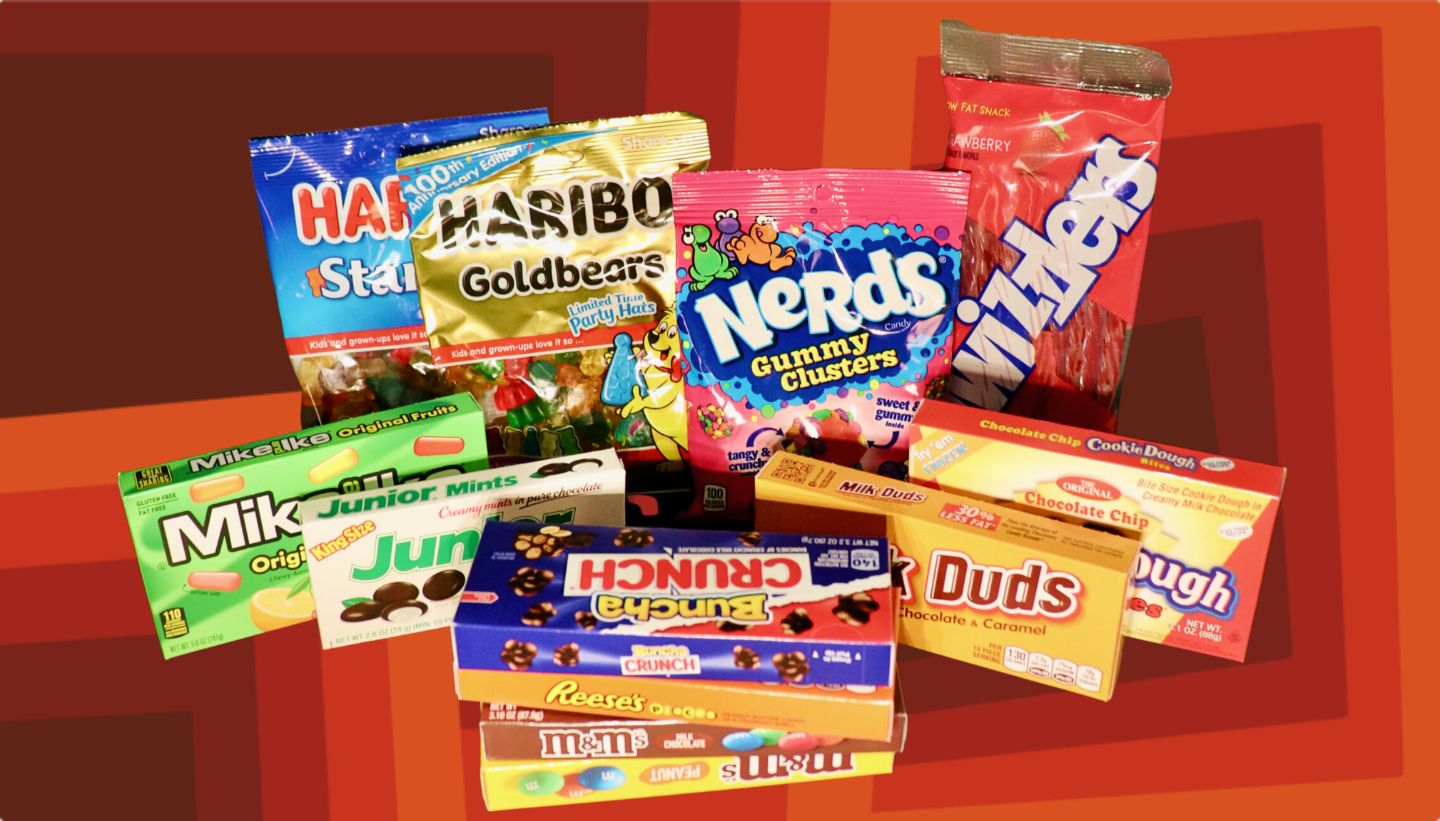 Assorted Candy: Haribo Gummies, Nerds Gummy Clusters, Crunch, Milk Duds, Twizzlers.