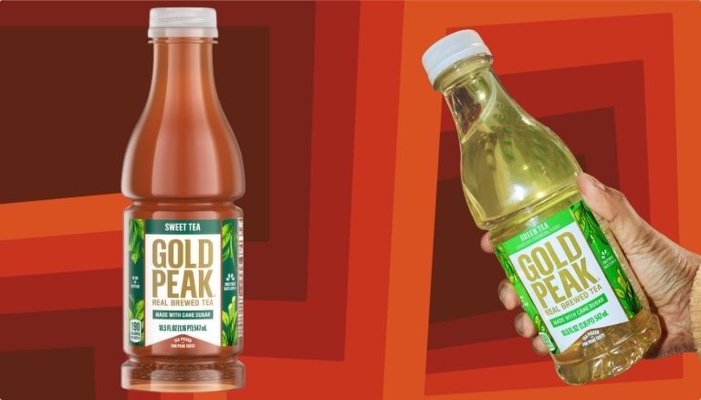 two bottles of Gold Peak Tea, Sweet and Green.