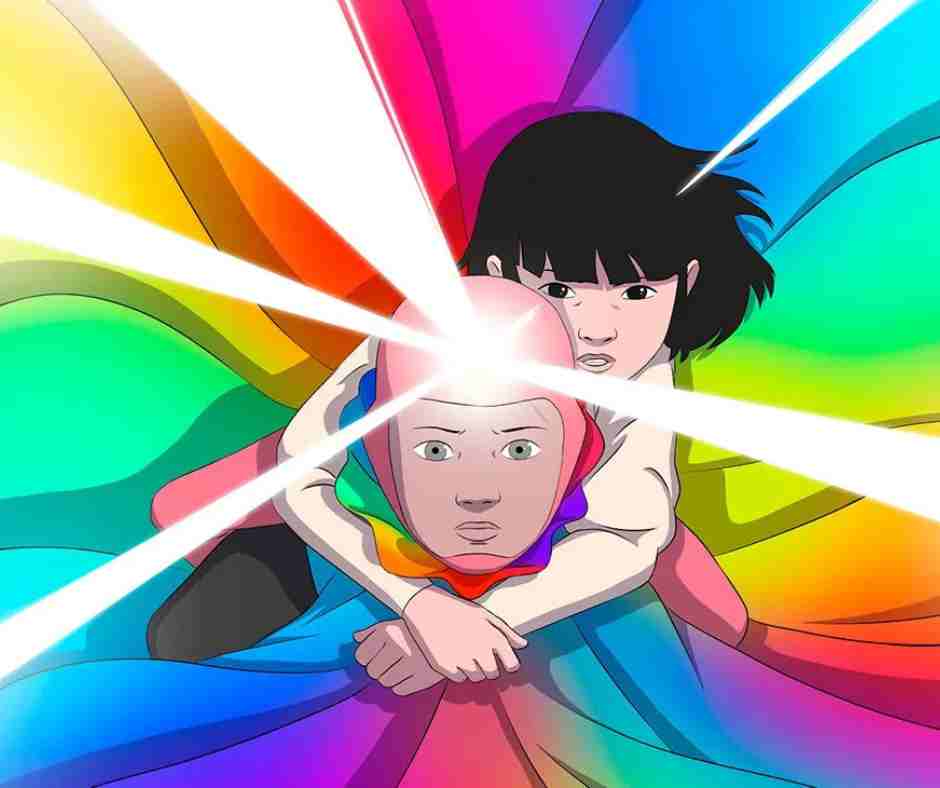Arco Film Still An animated still of two characters face forward,a technicolor array surrounds them and a beam of light comes out one of the character's foreheads.