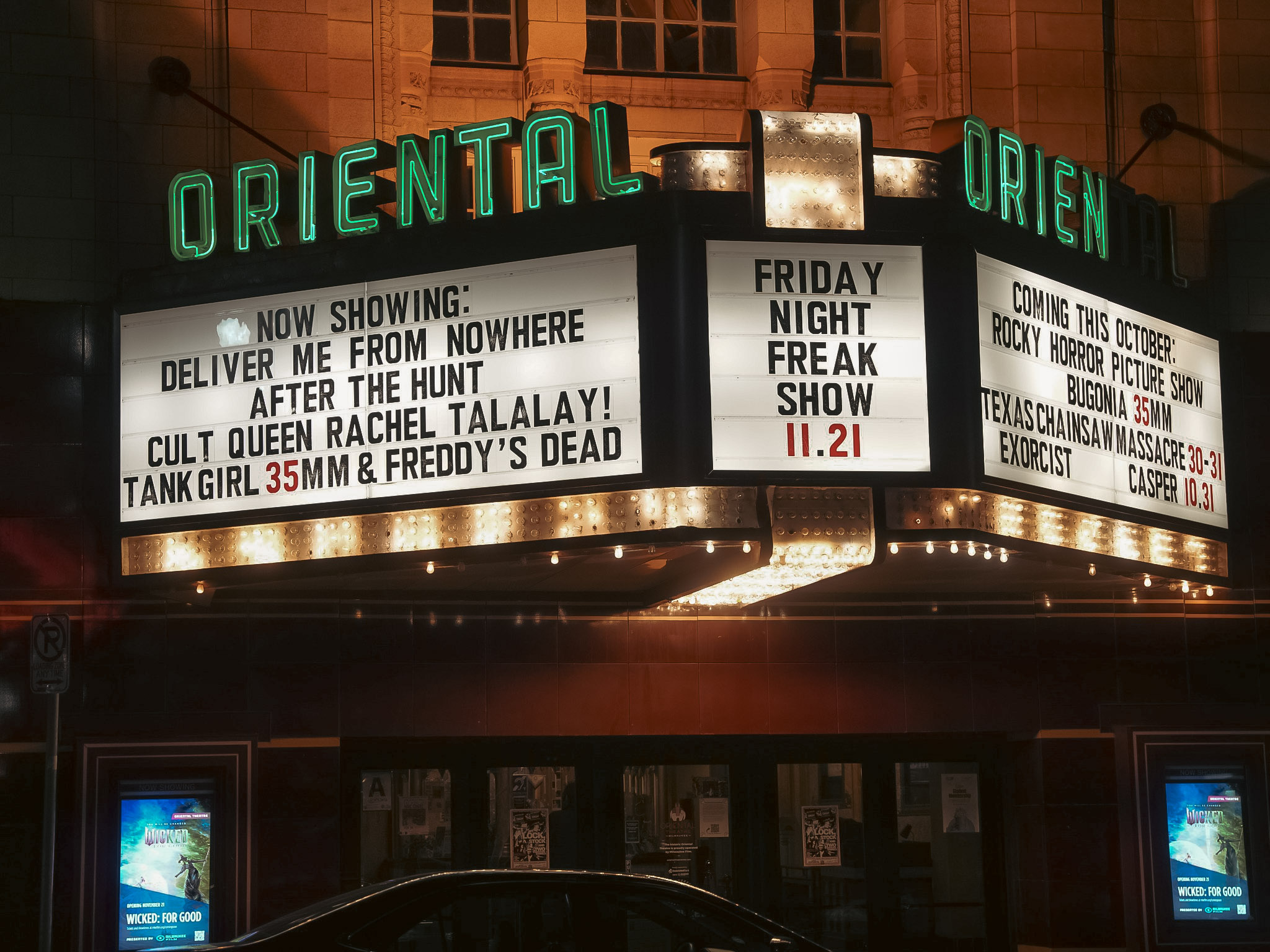Oriental Theatre Marquee Reading Now Showing Deliver Me from No Where, After The Hunt, Cult Queen Rachel Talalay, Tank Girl 35MM, Freddy's Dead.