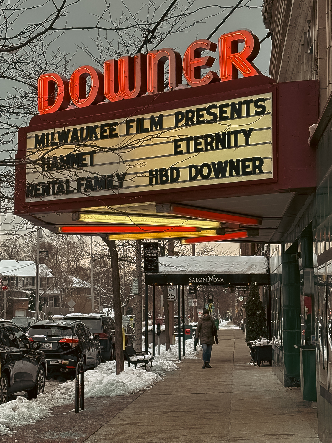 The Downer Theatre marquee in Winter, showing the films Hamnet, Rental Family and Eternity.