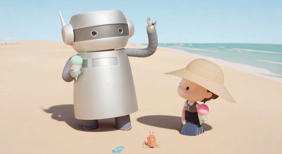 An ADORABLE robot hanging out on the beach with his little girl best friend.