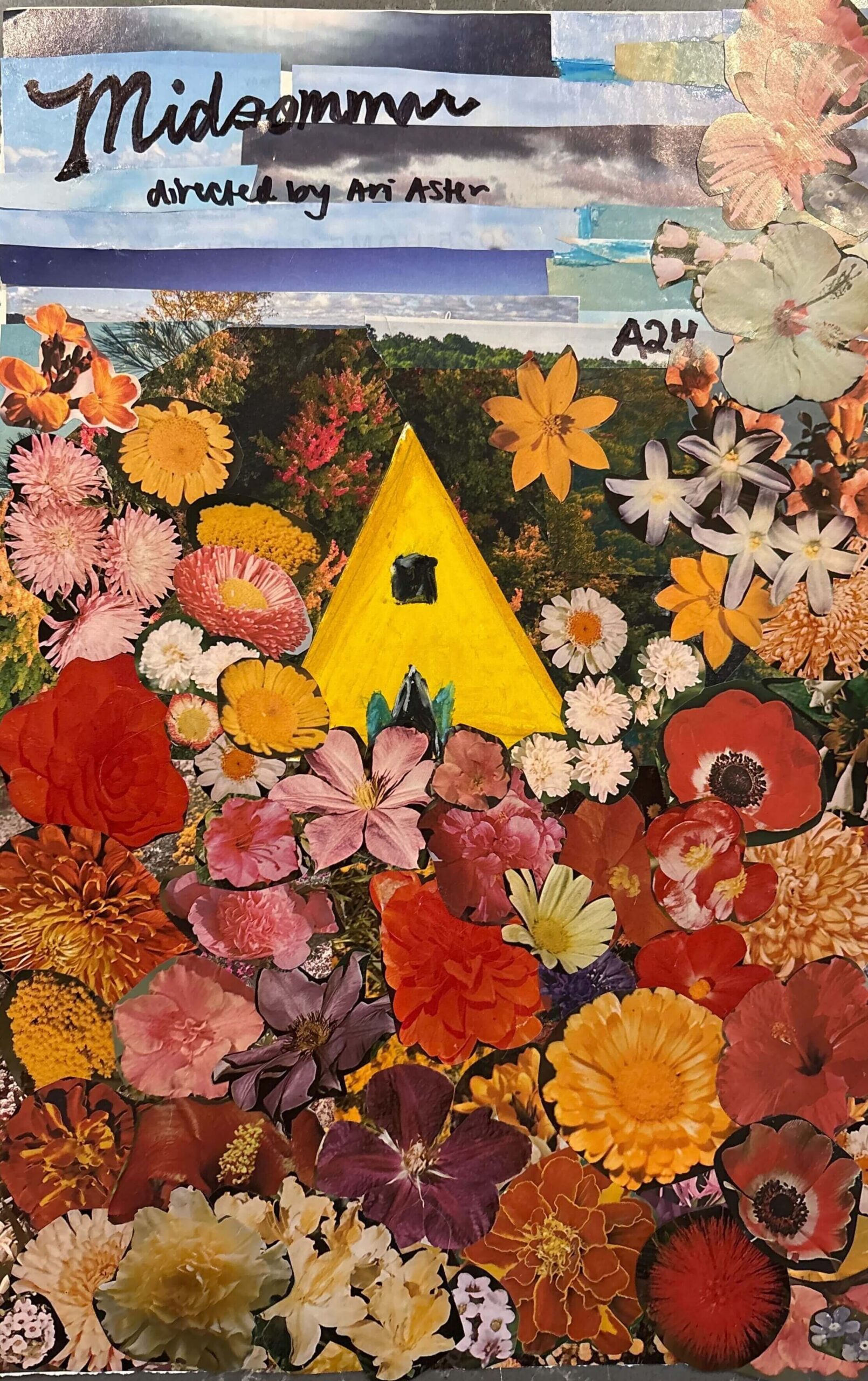 Hand made mixed media artwork inspired by the A24 film Midsommar. Colorful flowers and green grass surround a yellow structure with a window on a hill.