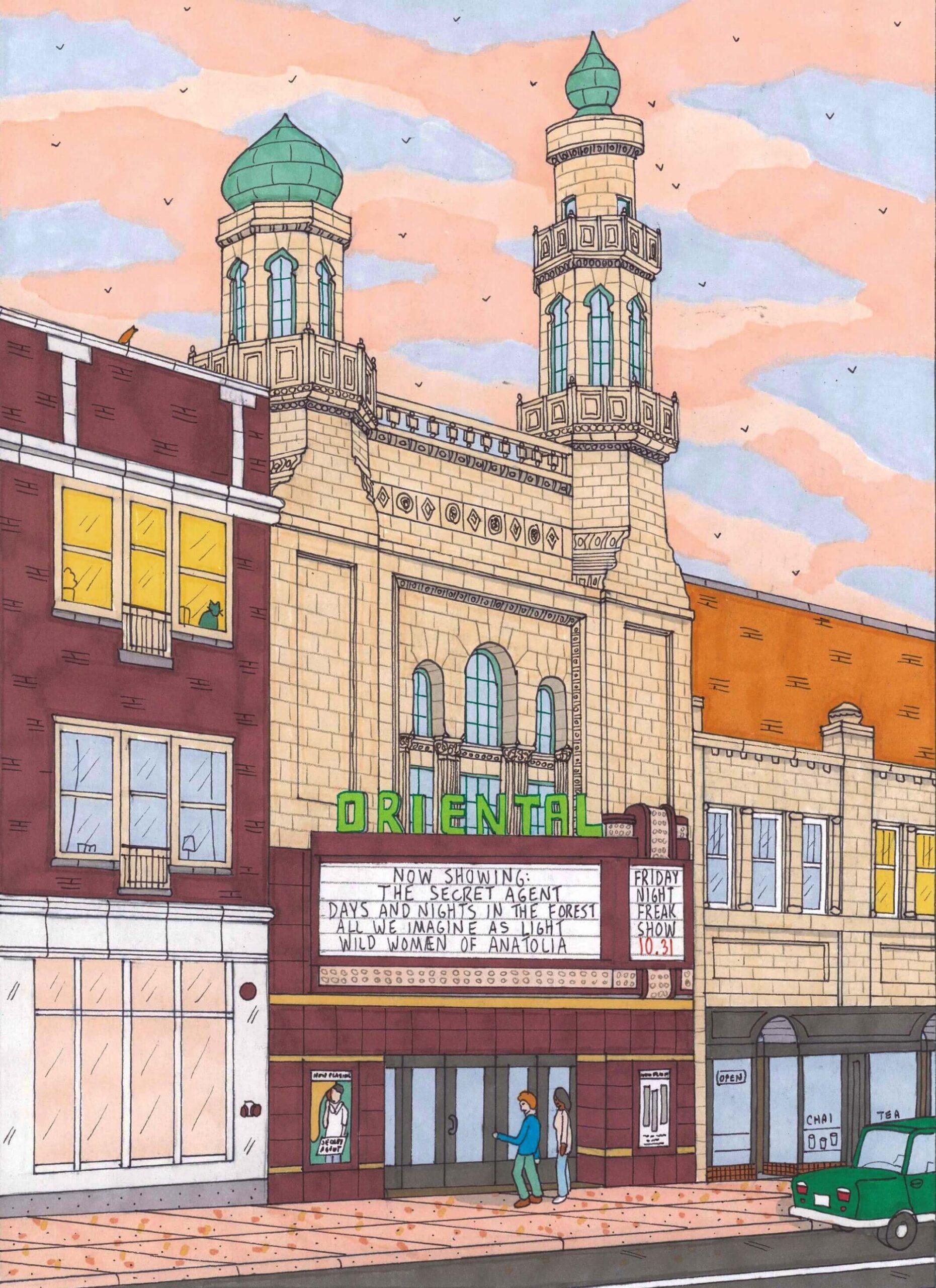 A mixed media piece of art depicting the Oriental Theatre MKE against a pastel colored sky.