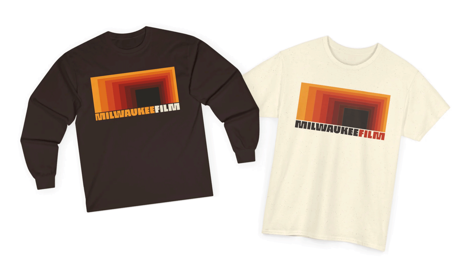 A black long-sleeve t-shirt and a cream-colored short-sleeve t-shirt, both featuring the new Milwaukee Film logo