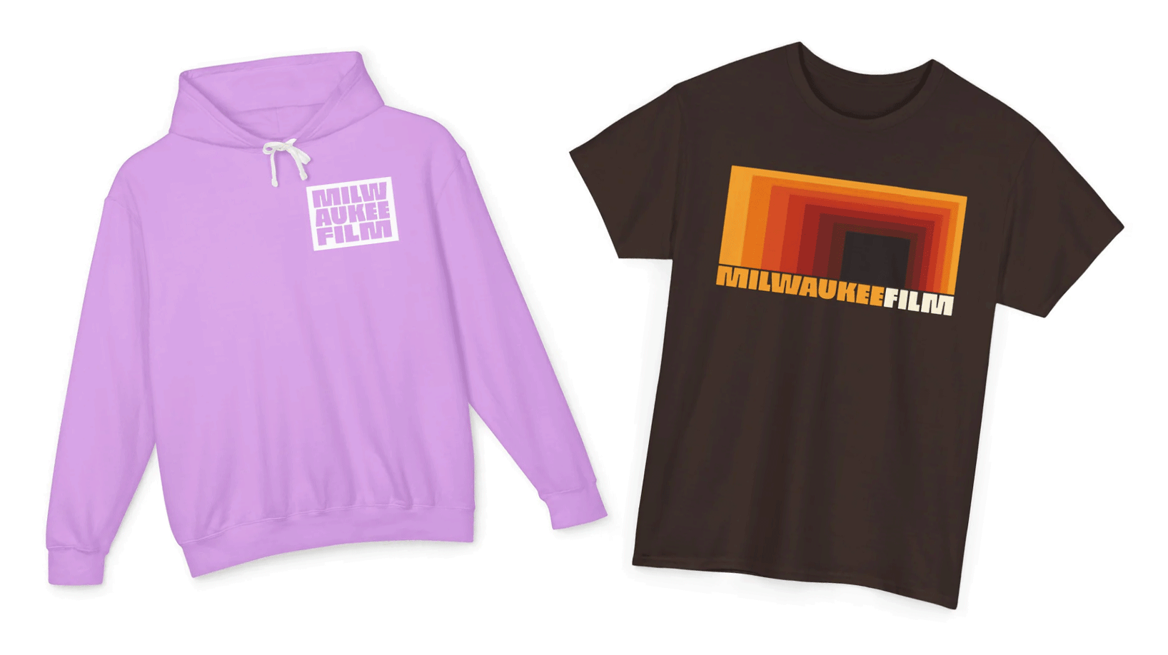A neon purple hoodie and black short-sleeved t-shirt, both featuring a Milwaukee Film logo