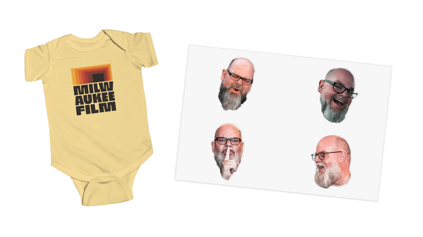A baby onesie featuring the new Milwaukee Film logo, plus a sheet of stickers featuring photos of the head of our Membership Department, Krsistopher Pollard.