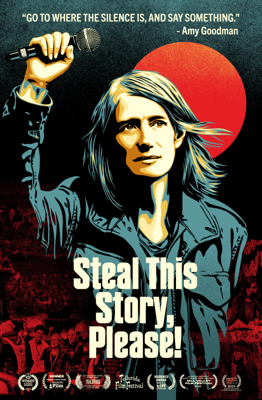 Poster for the film, featuring a woman holding her fist in the air solidarity-style, while holding a microphone.