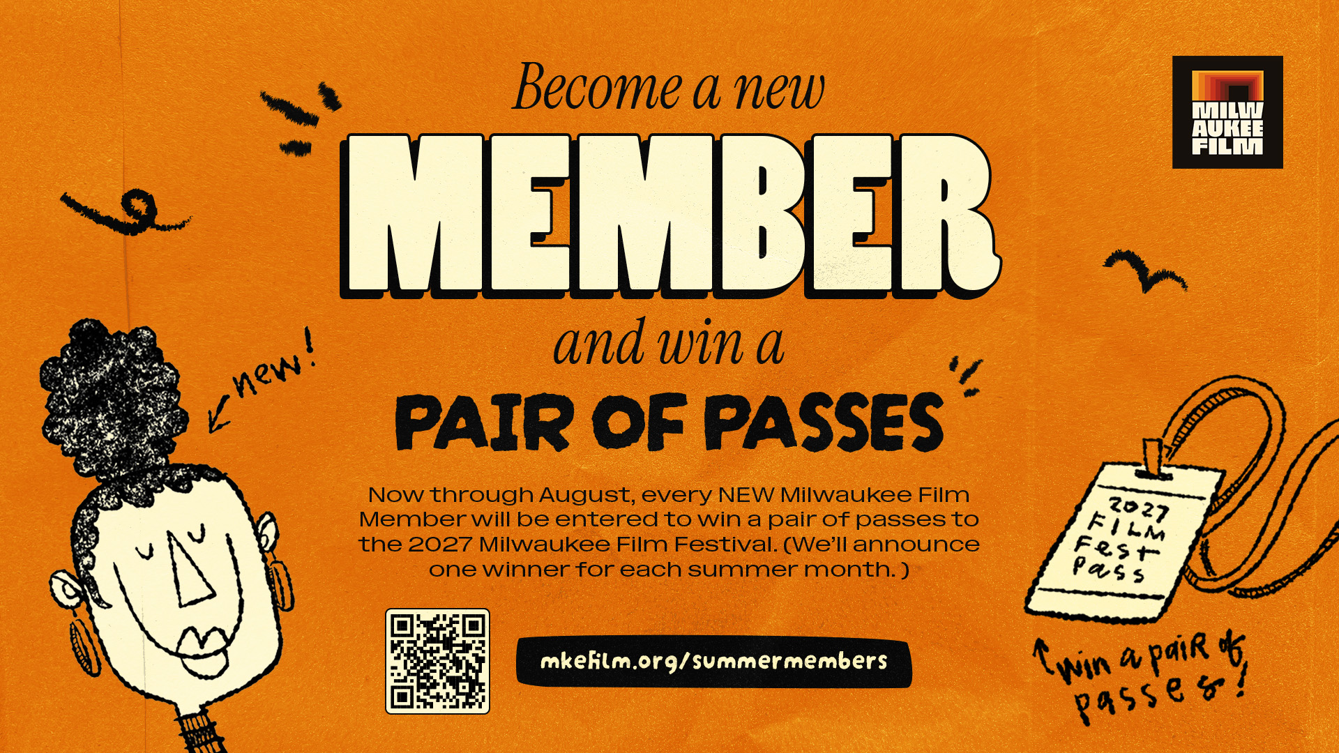 An illustrated graphic explaining the summer giveaway concept: become a new member and you could win a 2027 festival pass!