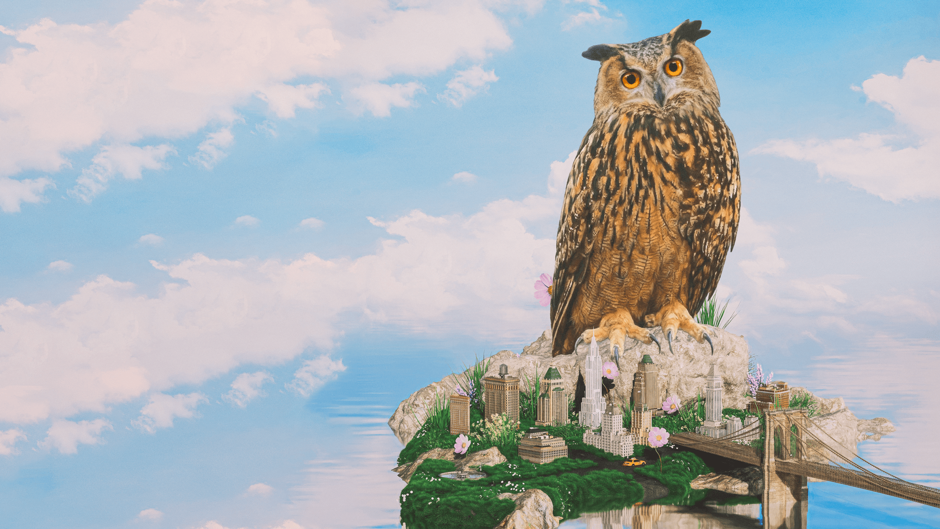 Wild Inside Film Still An owl sits on a branch against a blue sky with clouds.