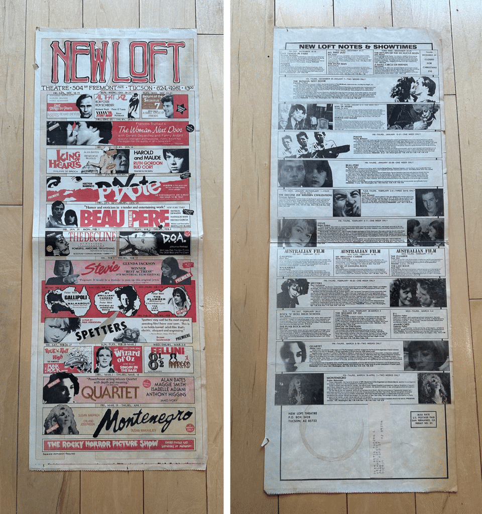 A photo of the front and back side of the New Loft cinema "Now Showing" poster Catherine mentioned in her interview.