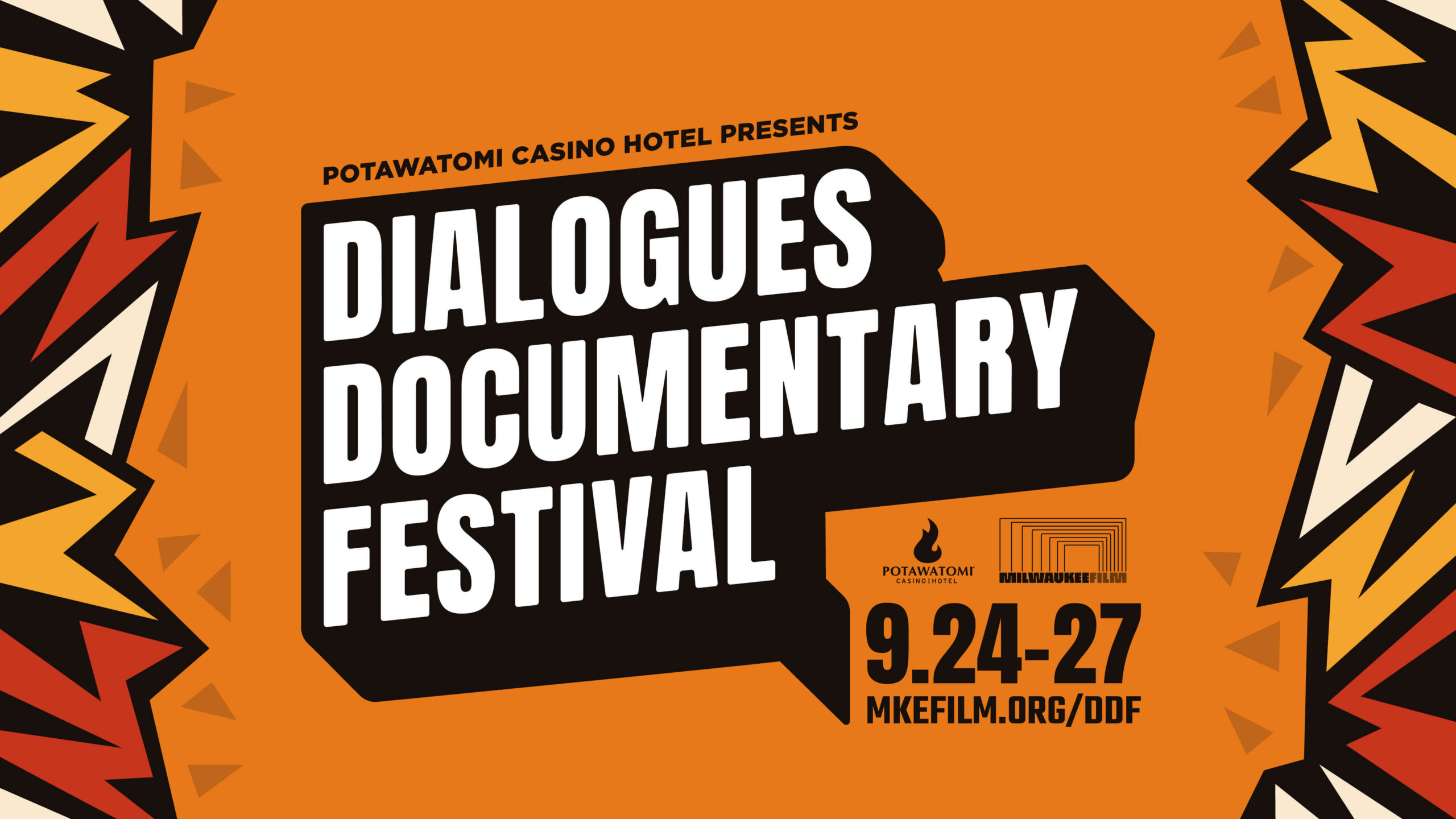 A graphic promoting the Dialogues Documentary Festival, presented by Potawatomi Casino Hotel, running 9/24-9/27 at the Oriental Theatre and Downer Theatre.